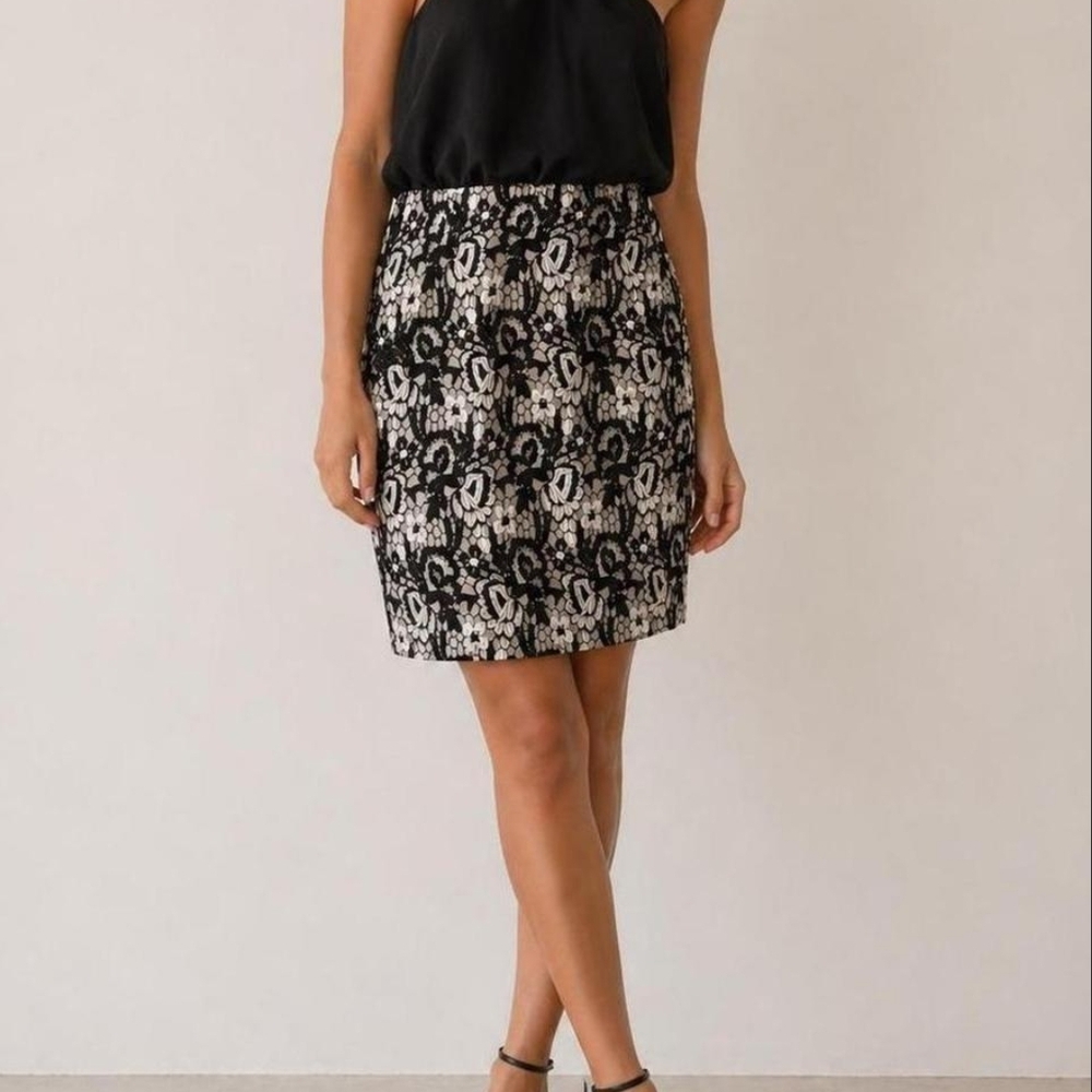 Aidan Mattox Black and White Lace-Pattern Dress Size 6